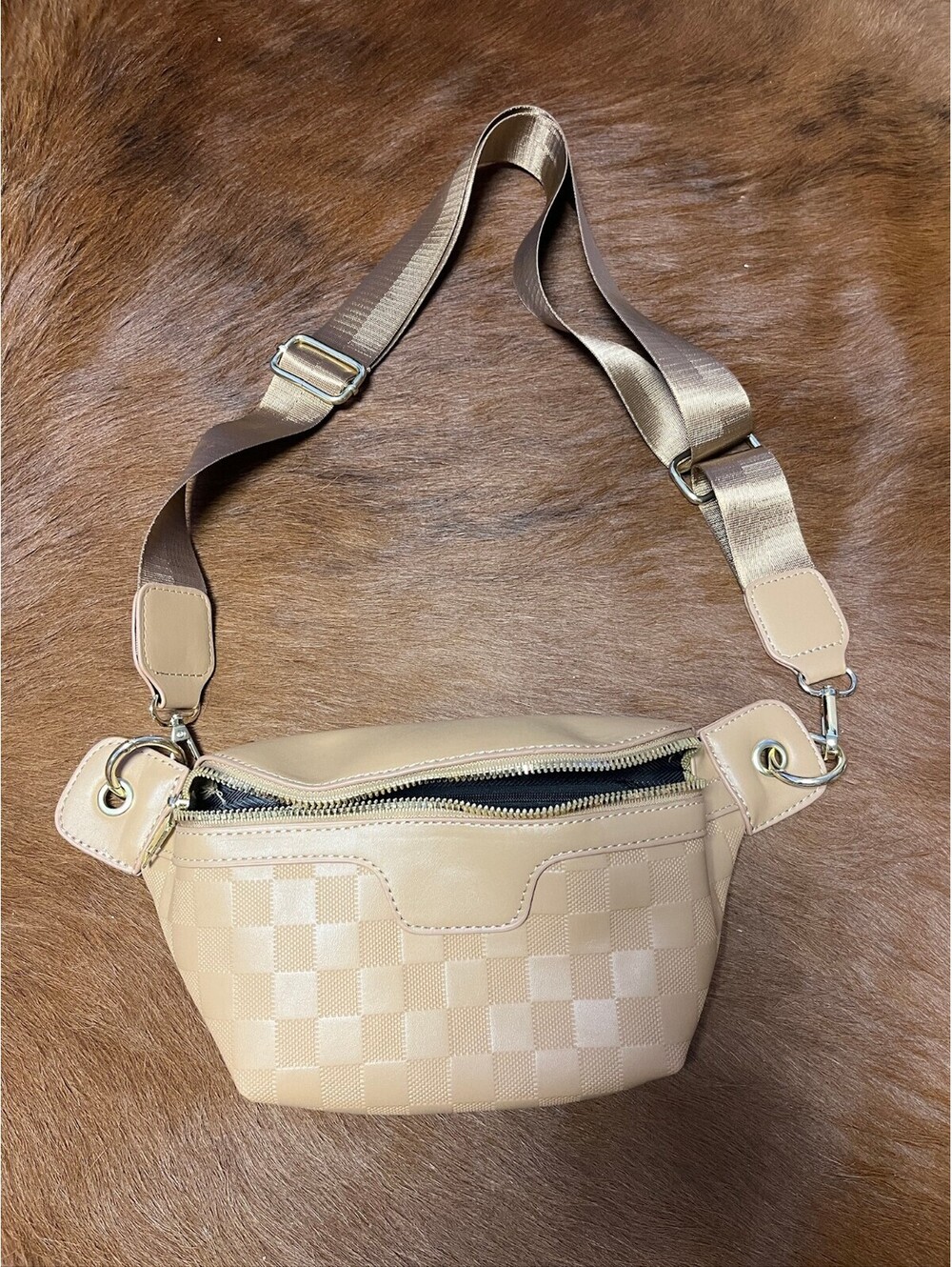 Beige checker pattern belt bag
